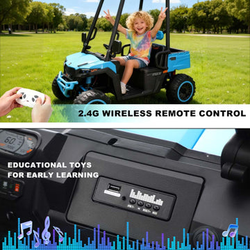 24V 2-Seater Kids Golf Cart - 4WD Sun Shade Remote Control LED Lights and Music Blue (3+)