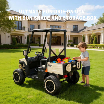 24V 2-Seater Kids Golf Cart - 4WD Sun Shade Remote Control LED Lights and Music Beige (3+)
