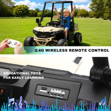 24V 2-Seater Kids Golf Cart - 4WD Sun Shade Remote Control LED Lights and Music Beige (3+)