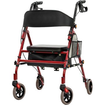 RED Lightweight Rollator Walker 350 lb Capacity 5-Position Height Hybrid Aluminum Carbon Steel Frame