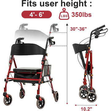 RED Lightweight Rollator Walker 350 lb Capacity 5-Position Height Hybrid Aluminum Carbon Steel Frame