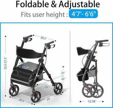 RED Matinal Rollator Walker 350 lb Capacity 8 inch Wheels 6-Position Adjustable Height Hybrid Frame Lightweight 19.56 lbs Foldable Design with Seat for Seniors