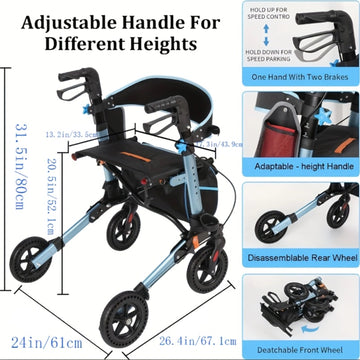 BLUE Rollator Walker for Seniors Lightweight Foldable with Seat 8 inch Rubber Wheels Handles
