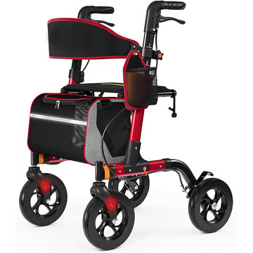 RED Rollator Walker 350 lb Capacity 18 inch Big Seat 8 inch All-Terrain Wheels 6-Level Height