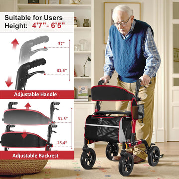 RED Rollator Walker 350 lb Capacity 18 inch Big Seat 8 inch All-Terrain Wheels 6-Level Height