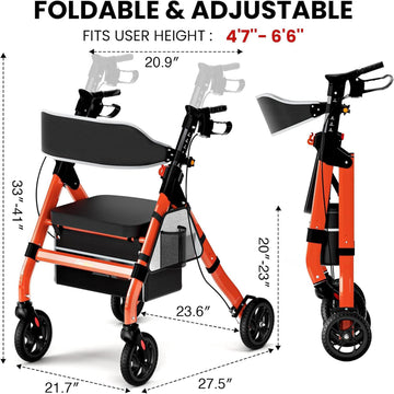 RED Rollator Walker 450 lb Capacity 18 inch Big Seat 8 inch Wheels 6-Position Adjustable Height Heavy-Duty Frame Stable and Safe for Senior Mobility Needs