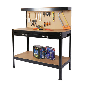 21 inch W x 45 inch D Two Drawers Black Steel Workbench Table with Peg Board
