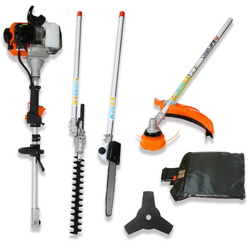 5 Piece Multifunctional 52CC Two Stroke Garden Tool Set with Trimmer Petrol Pole Saw Lawn Mower