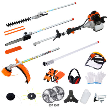 14 Piece Multifunctional 52CC Two Stroke Garden Tool Set with Petrol Pole Saw Trimmer Lawn Mower