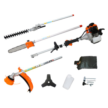 6 Piece Multifunctional 56CC Two Stroke Garden Tool Set with Petrol Pole Saw Trimmer Lawn Mower