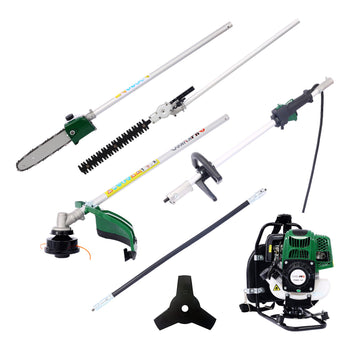 7 Piece Multifunctional 31CC Four Stroke Garden Tool Set with Petrol Pole Saw Trimmer Lawn Mower