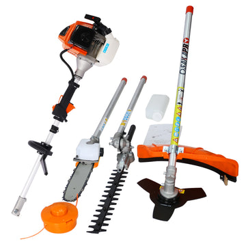 6 Piece Multifunctional 63CC Two Stroke Garden Tool Set with Petrol Pole Saw Trimmer Lawn Mower
