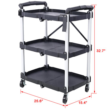 3 Shelf Collapsible 4 Wheeled Multi Purpose Utility Cart 150lb Capacity Black Silver