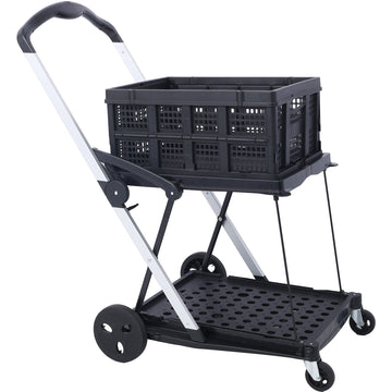 2 Tier Foldable Utility Black Platform Truck 200lb Capacity With Storage Basket