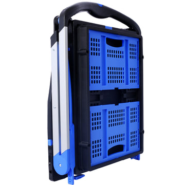 2 Tier Foldable Utility Blue Platform Truck 200lb Capacity With Storage Basket