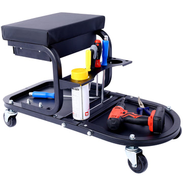 300 Lbs Capacity Black Steel Garage Mechanics Chair with Tool Tray Holders Drawer