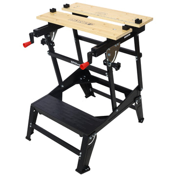 Twenty Three Point Eight D x Twenty Seven Point Seven W Foldable Black Workbench Table with Solid Wood Worktop