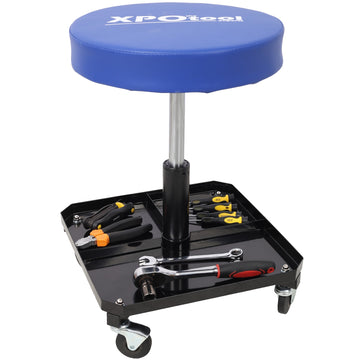 250 Lbs Capacity Blue Steel Adjustable Garage Mechanics Chair with Tool Tray