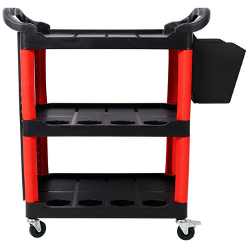 17 Inches 3 Tier Black Red Rolling Plastic Utility Tool Cart With Wheels Panel Hook