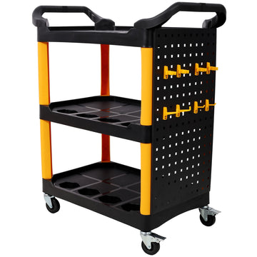 17 Inches 3 Tier Black Yellow Rolling Plastic Utility Tool Cart With Wheels Panel Hook