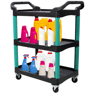 17 Inches 3 Tier Black Green Rolling Plastic Utility Tool Cart With Wheels Panel Hook