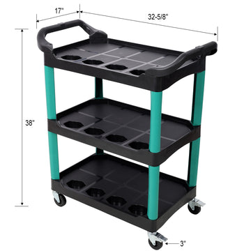 17 Inches 3 Tier Black Green Rolling Plastic Utility Tool Cart With Wheels Panel Hook