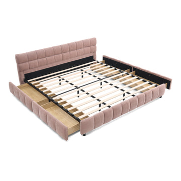California King Upholstered Platform Bed with Chenille Fabric, Soft Headboard and Storage Drawer, Pink
