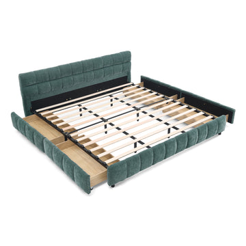 California King Upholstered Platform Bed with Chenille Fabric, Soft Headboard and Storage Drawer, Blue Green