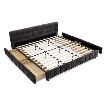 California King Upholstered Platform Bed with Chenille Fabric, Soft Headboard and Storage Drawer, Dark Gray