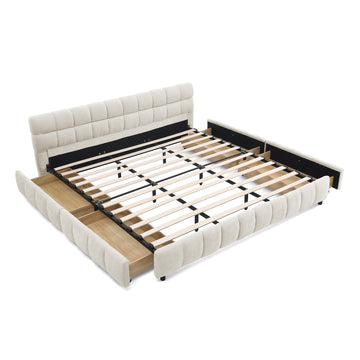 California King Upholstered Platform Bed with Chenille Fabric, Soft Headboard and Storage Drawer, Beige