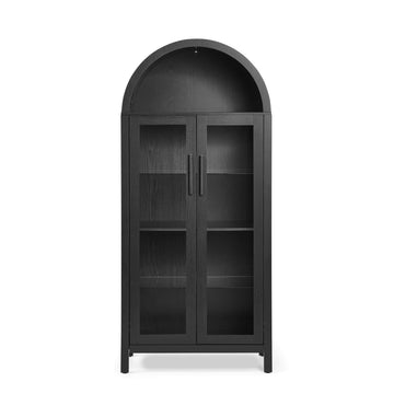 High Arched Storage Cabinet with Adjustable Glass Partitions and LED Lamp for Multi-Functional Use in Kitchens, Living rooms, or Entryways