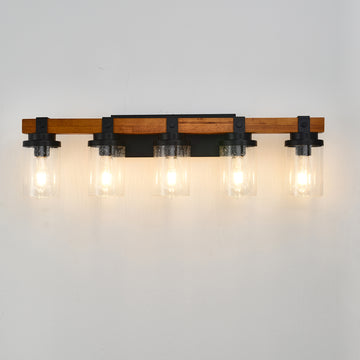 5-Light Matte Black +Wood  Wall Lamps with Glass Lamp Shades (No Bulbs) For Bathroom Kitchen Dinning Room