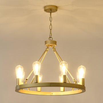 8-light  (no bulbs) gold wagon wheel chandeilier with light-e26