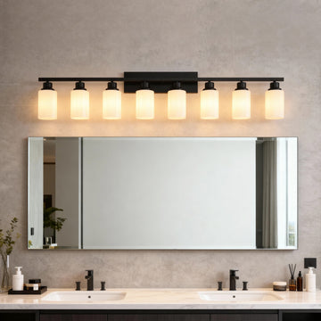 Wall Lamp 8-Light ,Bathroom Vanity Light, Matte Black Bathroom Light Fixtures, Modern Wall Light with  Glass Shade, Wall Sconce Lighting for Bedroom Living Room(NO INCLUDED BULBS)-E26