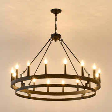 39 Inch 16-Lights Matte Black Wagon Wheel Chandelier with light E12