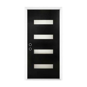 36x80 Fiberglass Entry Door Black 4-Lite Frosted Glass Right Hand Inswing Weatherproof LVL Stile