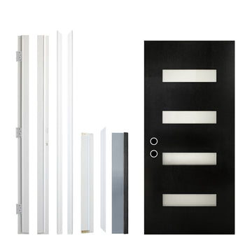 36x80 Fiberglass Entry Door Black 4-Lite Frosted Glass Right Hand Inswing Weatherproof LVL Stile