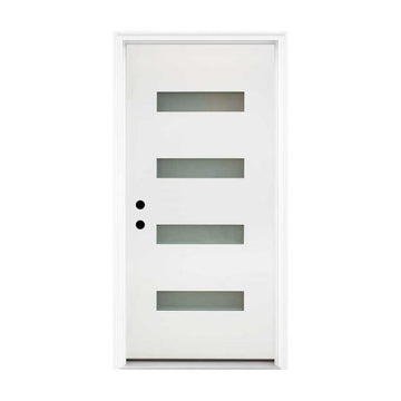 36x80 Fiberglass Entry Door White 4-Lite Frosted Glass Left Hand Inswing Easy Maintenance LVL Stile