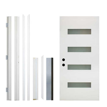 36x80 Fiberglass Entry Door White 4-Lite Frosted Glass Left Hand Inswing Easy Maintenance LVL Stile