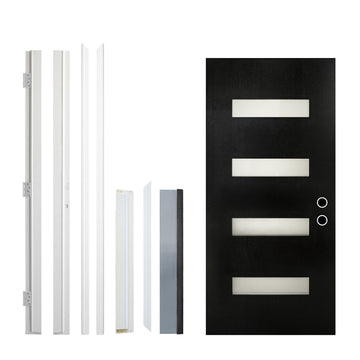 36x80 Fiberglass Entry Door Black 4-Lite Frosted Glass Right Hand Inswing Weather Resistant LVL Stile