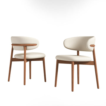 Mid Century Modern Dining Chair Set of 2 with Wood Legs White PU Upholstered Chairs for Kitchen and Dining Room