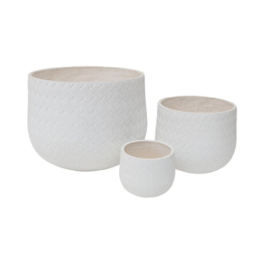 3  Piece White Weave Pattern Magnesium Oxide Planter Set  Drainage Holes Included