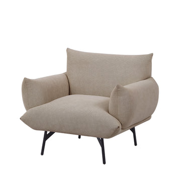 Modern Accent Upholstered Armchair Beige Fabric Reading Chair Originality of Shapes And Black Metal Legs Single Sofa for Bedroom, Apartment