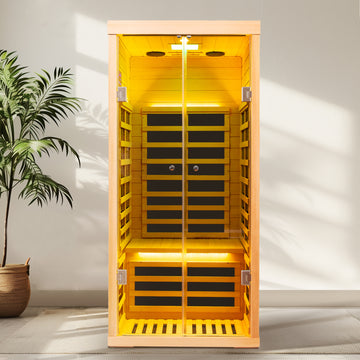 Low EMF One-Person Wide Space Hemlock Double Doors Luxury Glass Far Infrared Sauna with APP Control and Bluetooth Audio