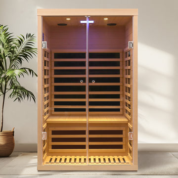 Low EMF Two-Person Hemlock Sauna with Double Glass Doors and Bluetooth Audio, Far Infrared Heat