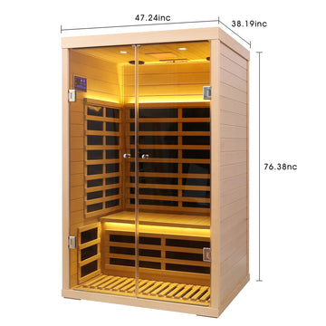 Low EMF Two-Person Hemlock Sauna with Double Glass Doors and Bluetooth Audio, Far Infrared Heat