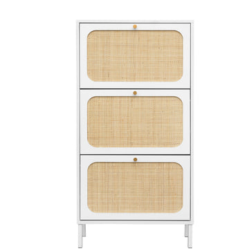 Rattan Shoe Storage Cabinet with 3 Flip Drawers Rattan 3 Door Shoe Rack Freestanding Modern Shoe Storage Cabinet for Entryway, White