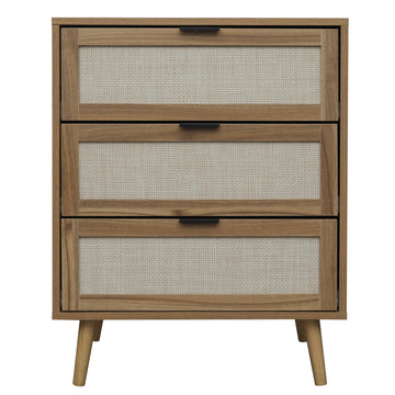 3 Drawer Storage Cabinet Rattan Dressers Chest of Drawers Entryway Cabinet Fluted Nightstand Bedside Table Dresser for Bedroom Living Room, Brown