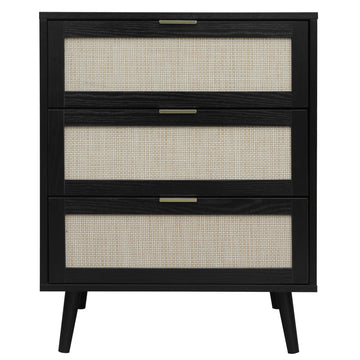 3 Drawer Storage Cabinet Rattan Dressers Chest of Drawers Entryway Cabinet Fluted Nightstand Bedside Table Dresser for Bedroom Living Room, Black