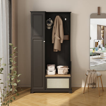 Modern Coat Rack and Bench Storage Cabinet Hall Tree Entryway Cabinet with Flip Board Bench Closet Storage Organizers, Black